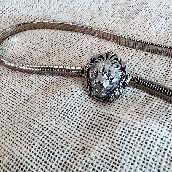 Vintage Anne Klein Stretchy Belt Lion Head Buckle Silvertone Snake Chain Disco G